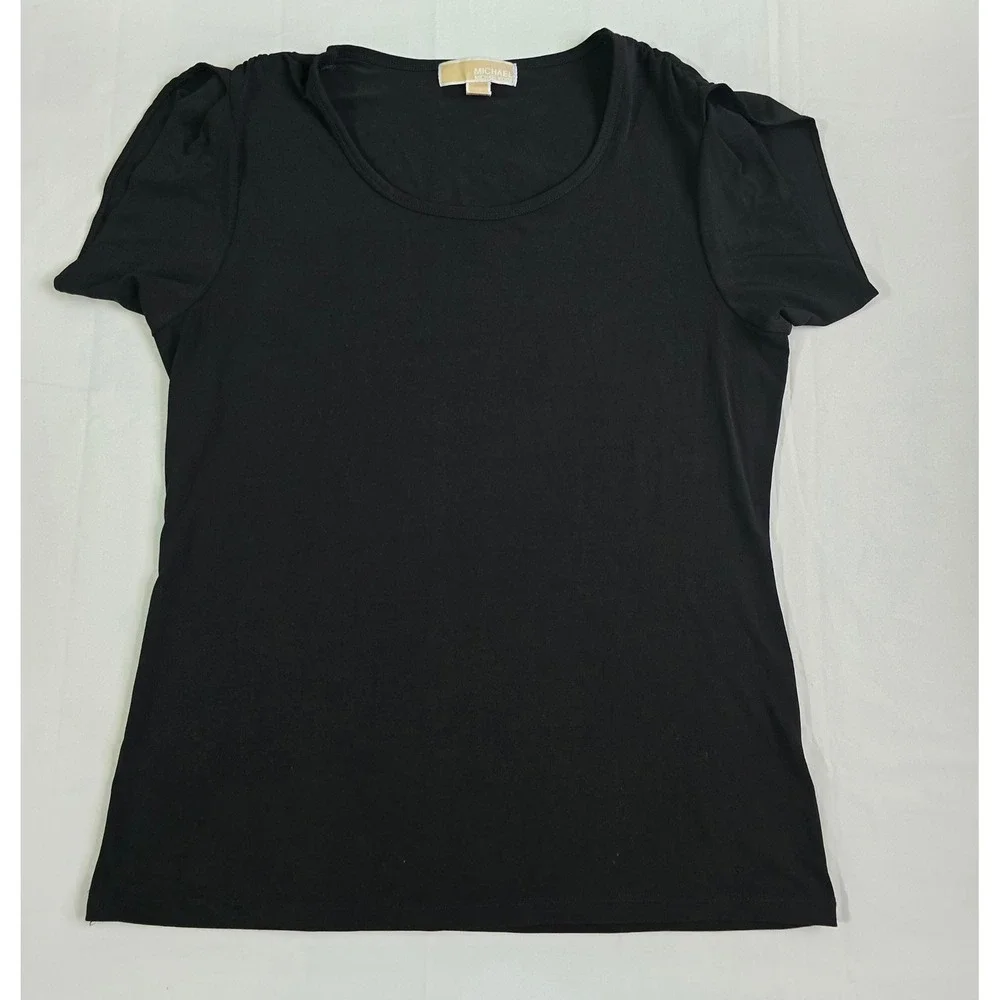 Michael Kors Black Pleated Petal Sleeve Scoop Neck Top Medium RN111818